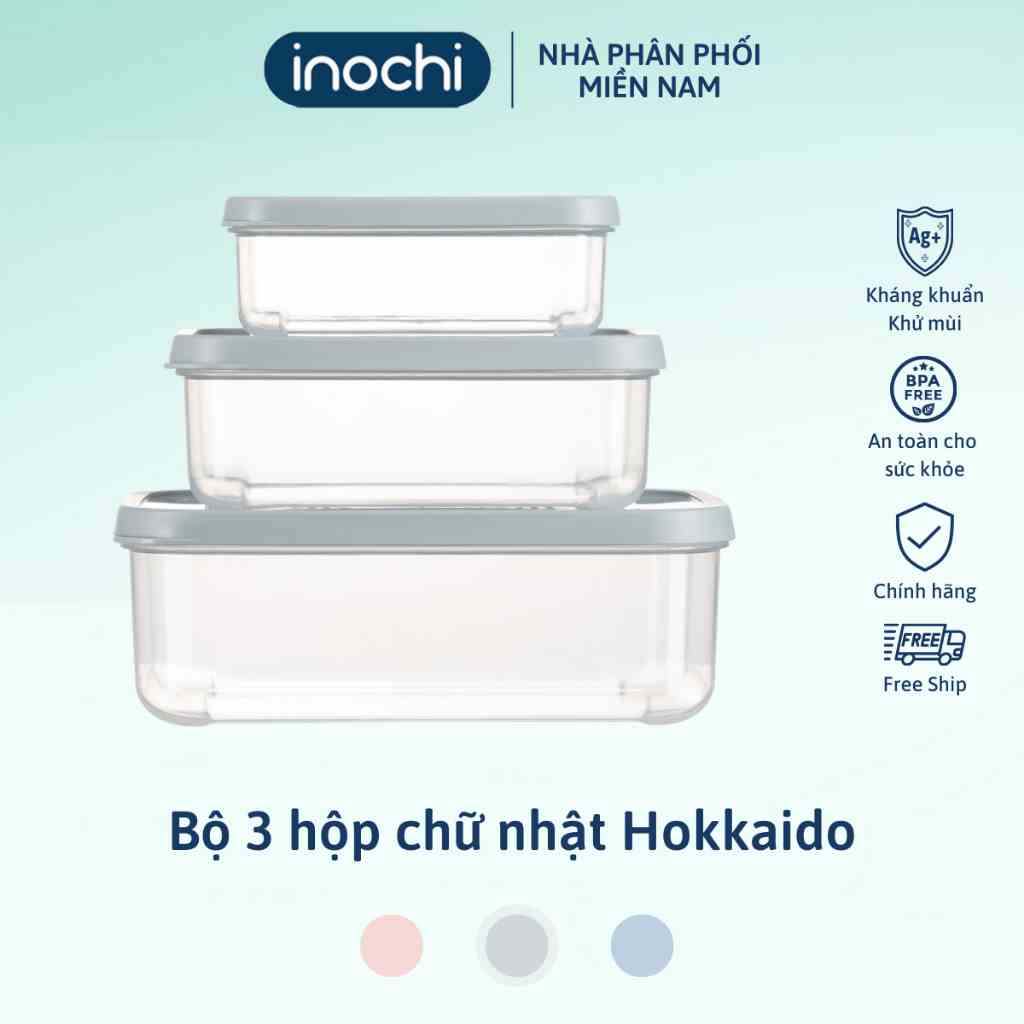 Bộ 3 hộp thực phẩm chữ nhật 750-1500-2500 Inochi, chịu nhiệt 140 độ C, sử dụng an toàn trong lò vi sóng