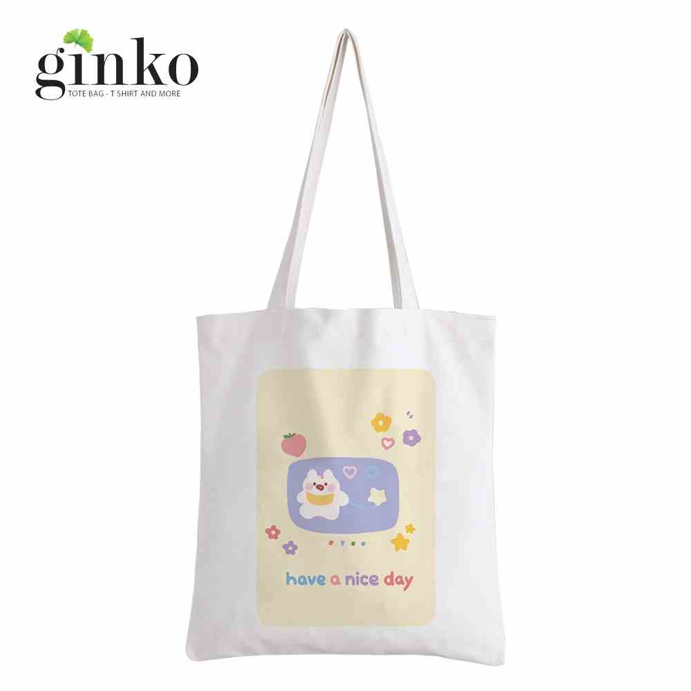 Túi vải tote GINKO kiểu basic có dây kéo khóa ( có túi con bên trong) in hình Cartoon G166