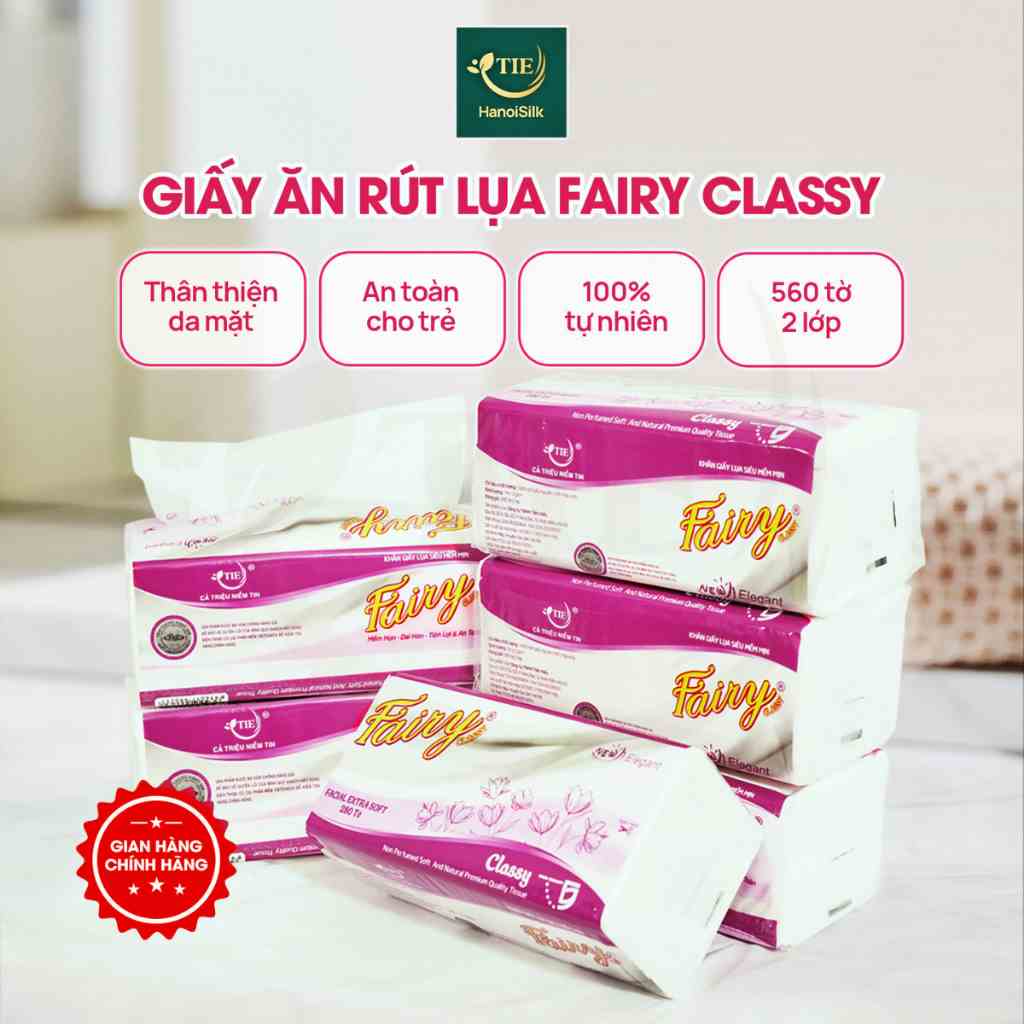 Giấy Ăn Rút Lụa Fairy Classy 560 Tờ / 2 Lớp Siêu Mềm Mịn Tiết Kiệm, Khăn Giấy 100% Gỗ Tự Nhiên Bền Dai An Toàn Cho Bé