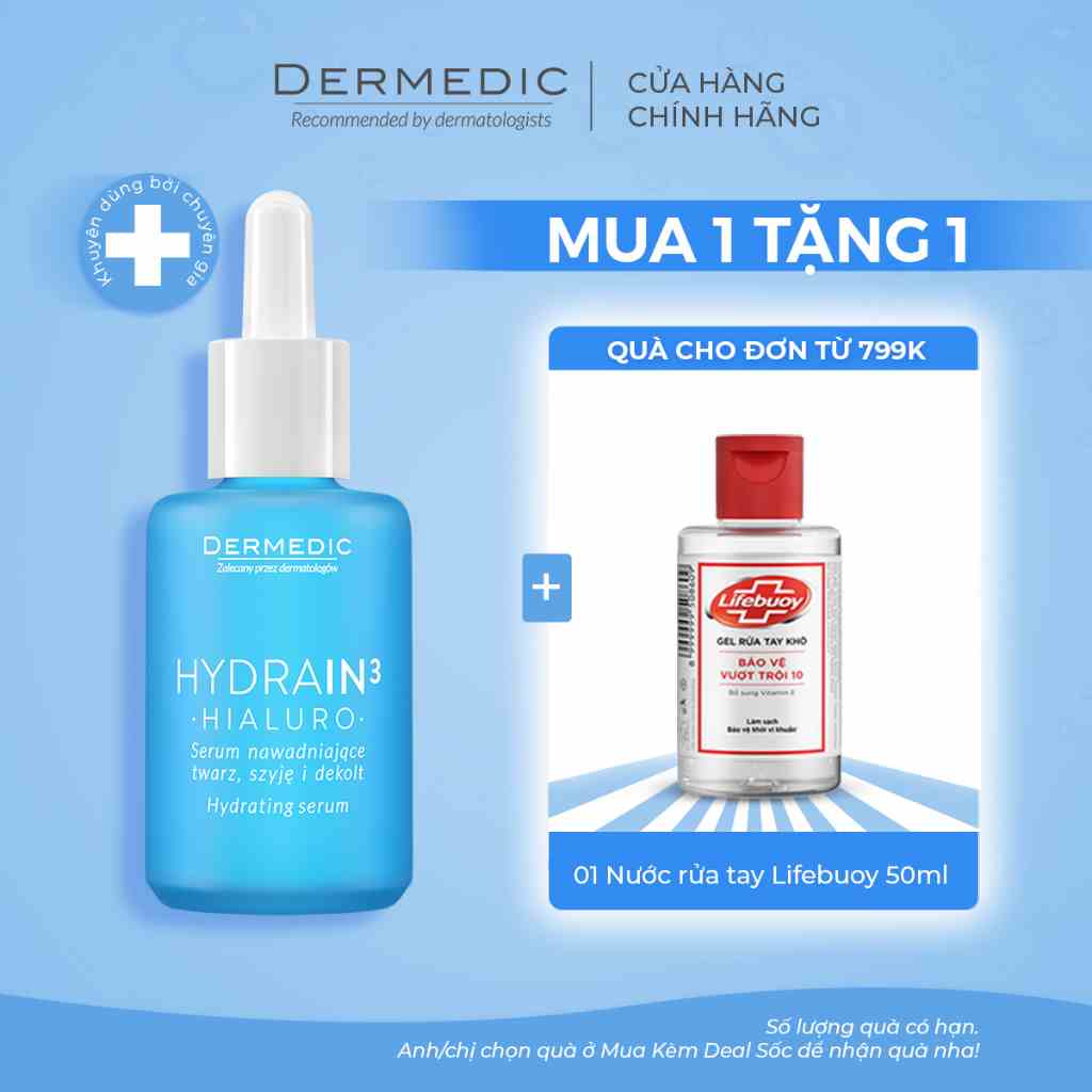 Serum cấp nước cho da khô Dermedic Hydrain3 Hialuro Hydrating Serum For Face Neck And Decolltage 30ml