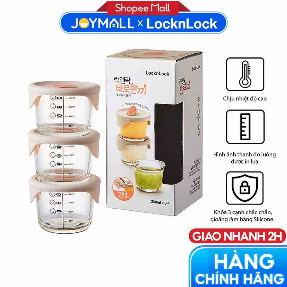 Bộ 3 hộp thủy tinh đựng thức ăn dặm cho bé Lock&Lock LLG508S3 - Hàng chính hãng, có vạch chia - JoyMall