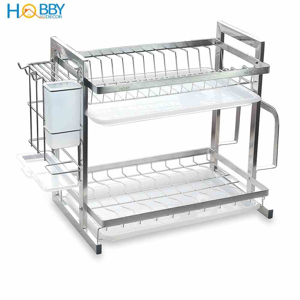 Kệ chén 2 tầng HOBBY Home Decor KC2T Inox 304 đa năng cao cấp - có khay hứng nước, ống đũa, giá treo thớt