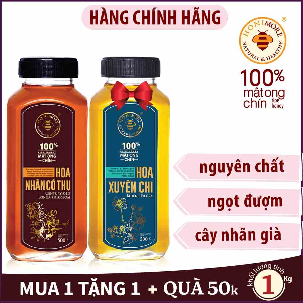 Combo Mật ong rừng nguyên chất Nhãn Cổ Thụ Honimore 500g + Mật ong nguyên chất 500g - giúp tăng cường đề kháng