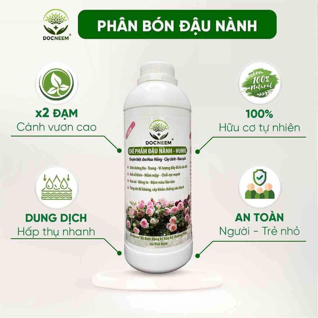 Chế phẩm đậu nành humic hữu cơ DOCNEEM, giàu đạm, bổ sung trứng, chuối, kích mầm hoa hồng, rau sạch, cây cảnh, chai 1L