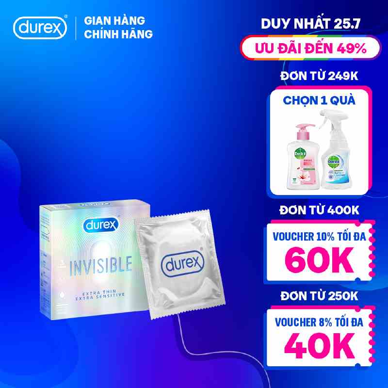 Bao cao su Durex Invisible siêu mỏng, size 52mm, hộp 3 bao