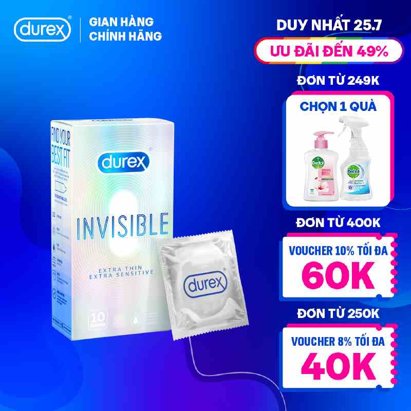 Bao cao su Durex Invisible siêu mỏng size 52mm, hộp 10 bao