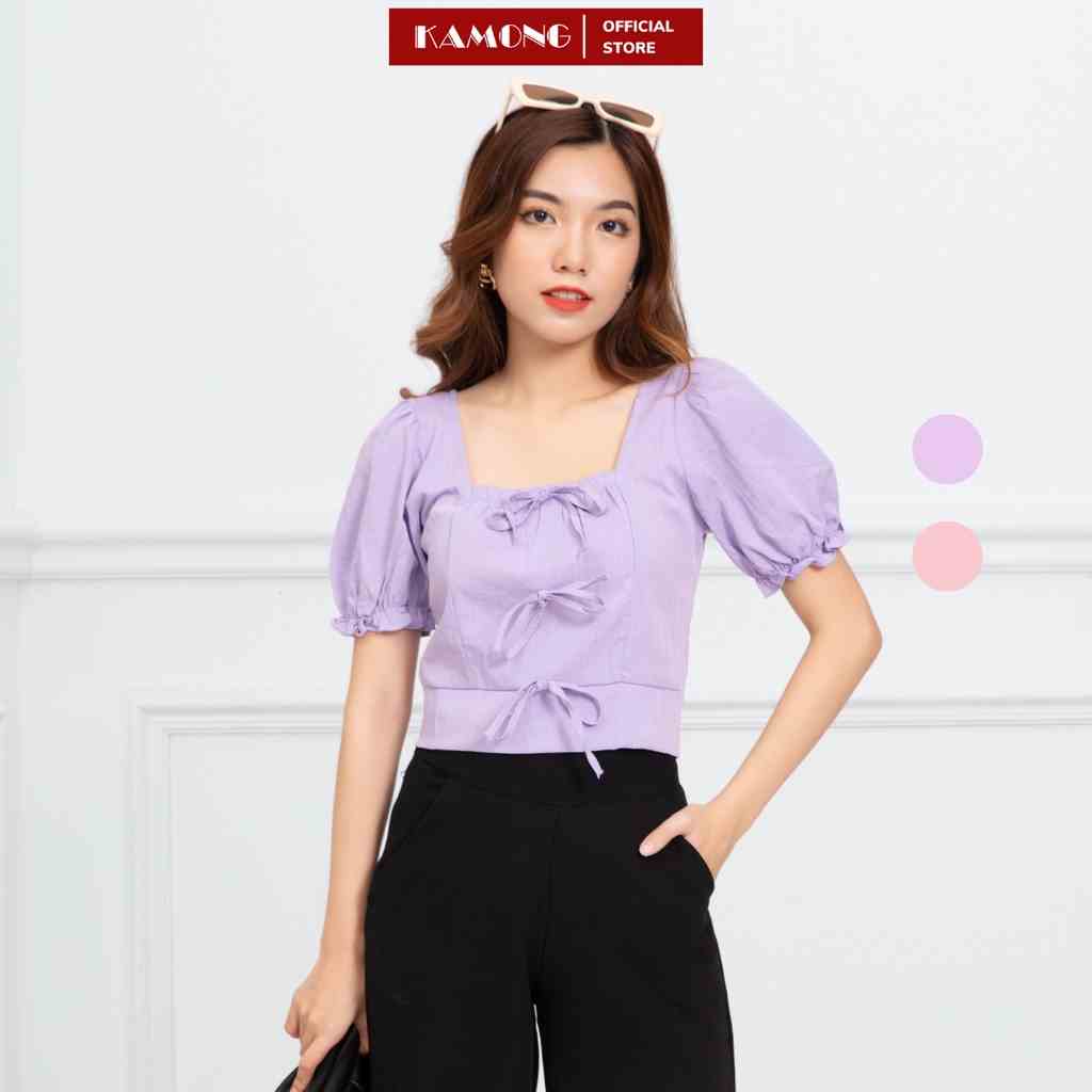 Áo croptop cổ vuông phối nơ KAMONG A076