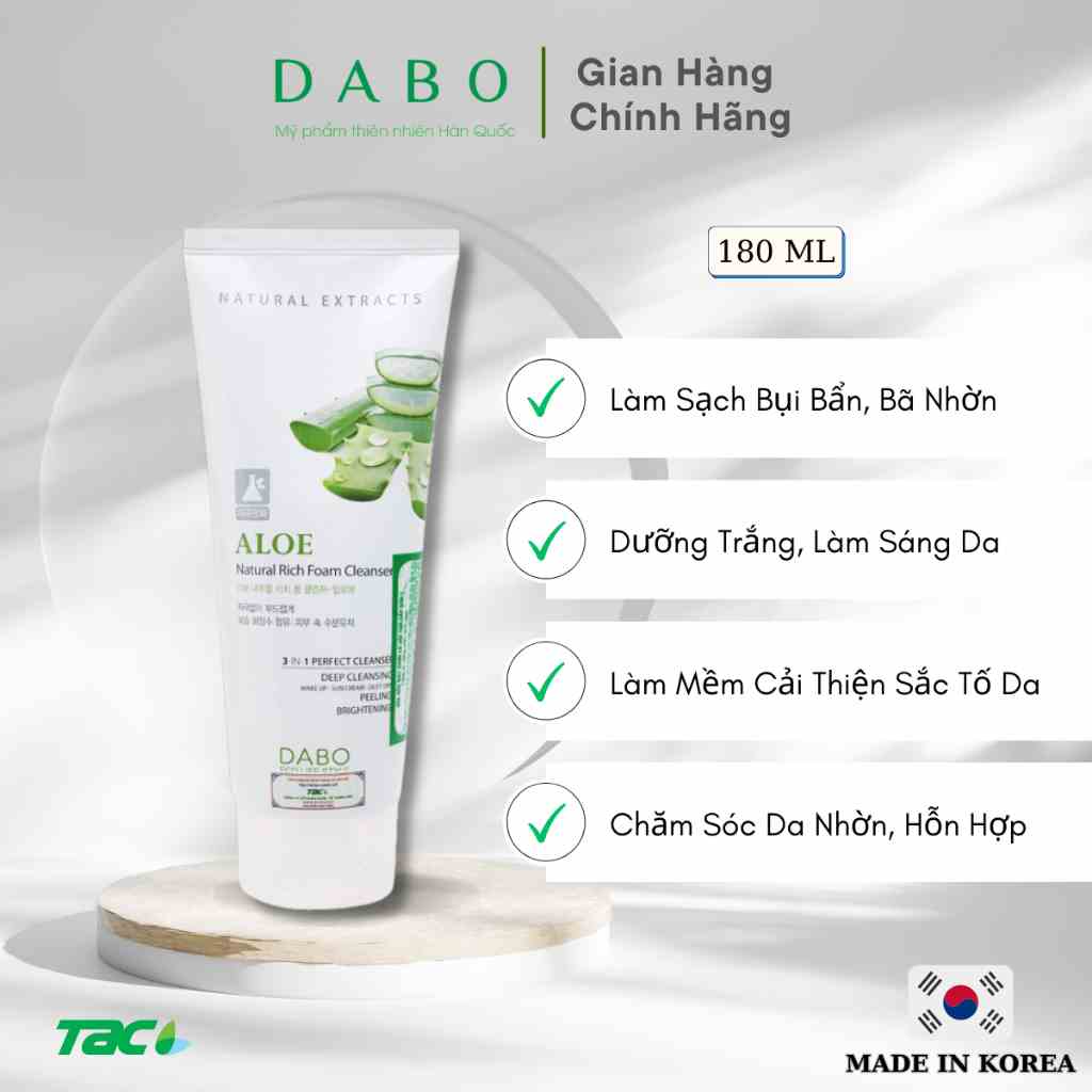 Sữa rửa mặt lô hội 3 in 1 Dabo Aloe Natural Rich Foam Cleanser 180ml THIÊN ANH BEAUTY