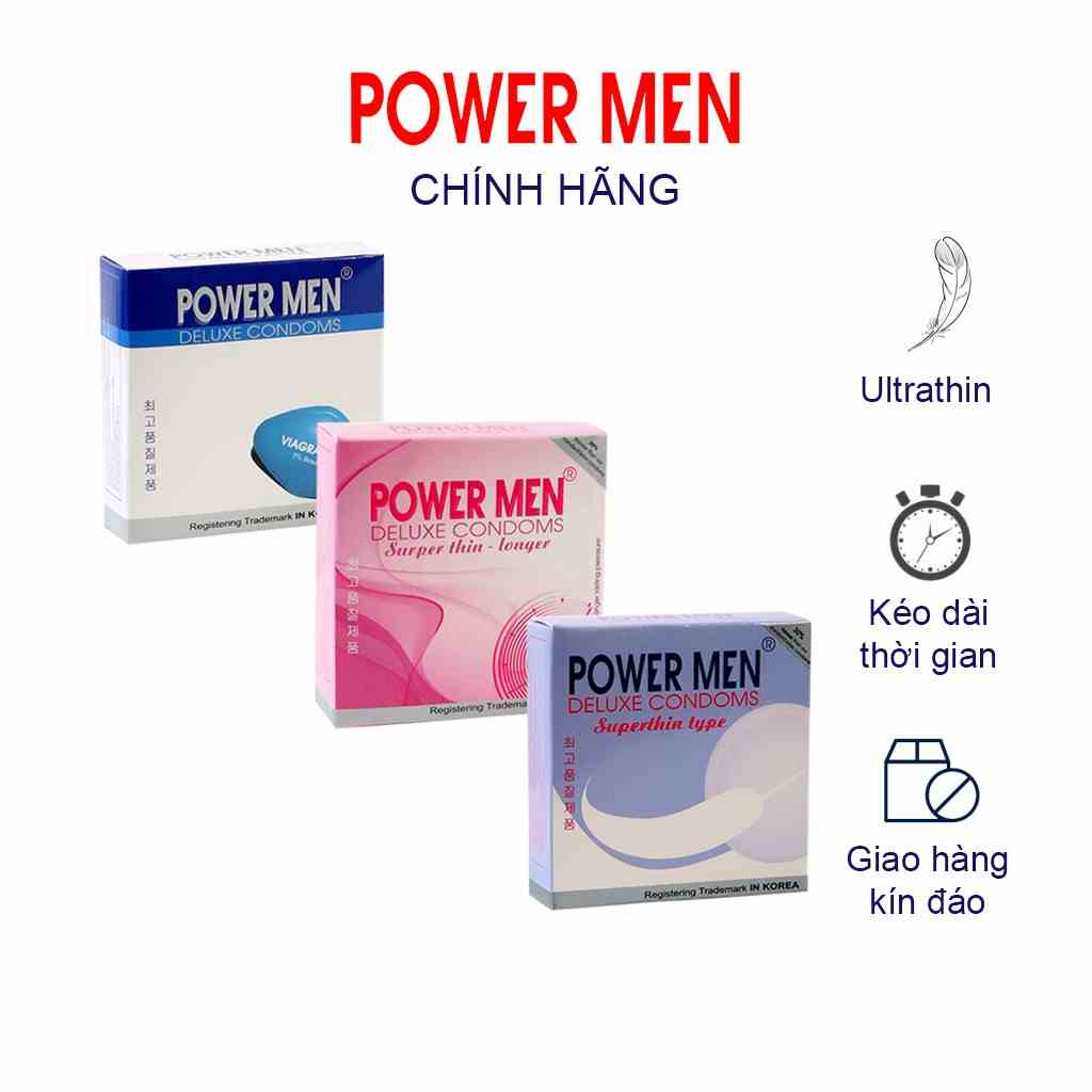 Combo 3 Hộp Bao cao su Powermen siêu mỏng, kéo dài Hộp 3 chiếc