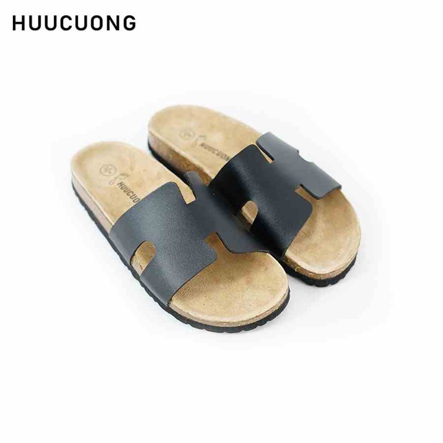 Dép unisex Huucuong chữ H da PU đen đế trấu