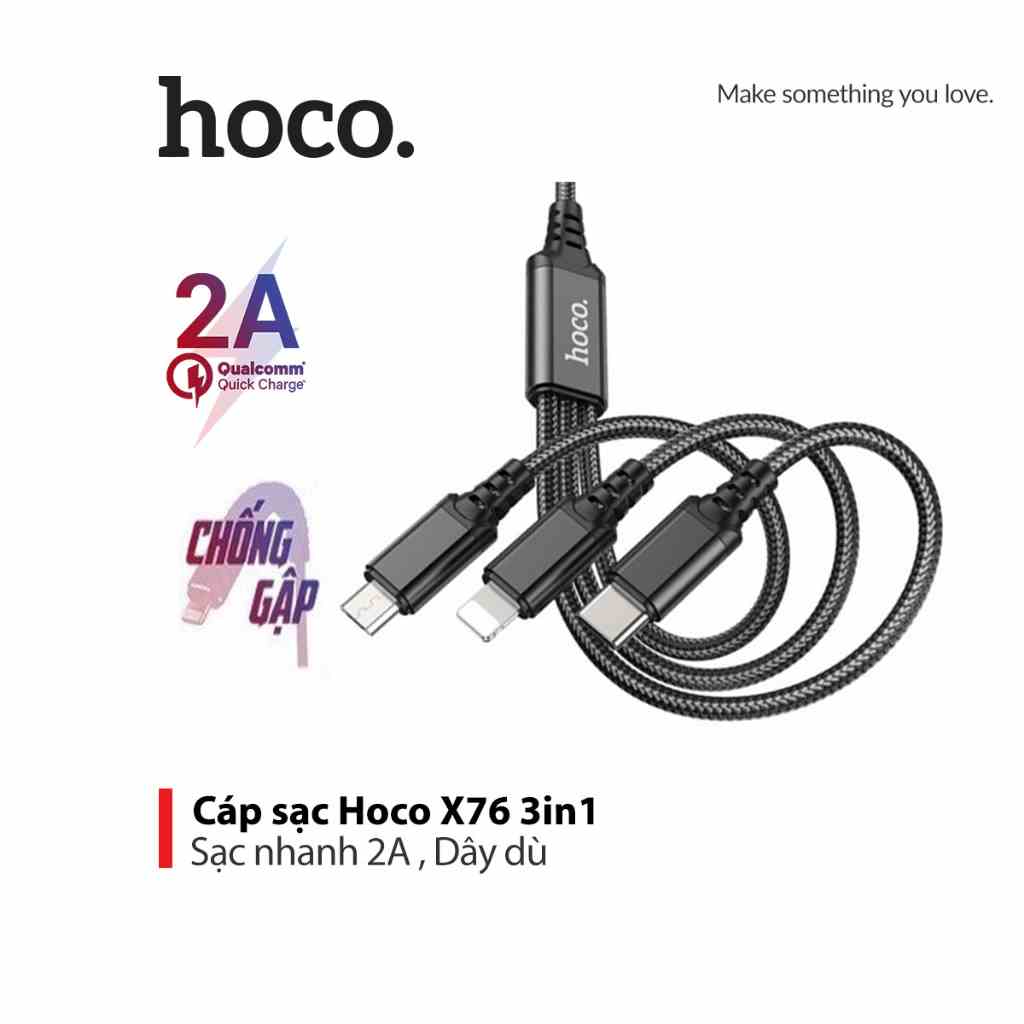 [Mã BMLTB35 giảm đến 35K đơn 99K] Cáp sạc đa năng 3IN1 Hoco X76 sạc nhanh 2A thiết kế đầu sạc chống gẫy gập dài 1M