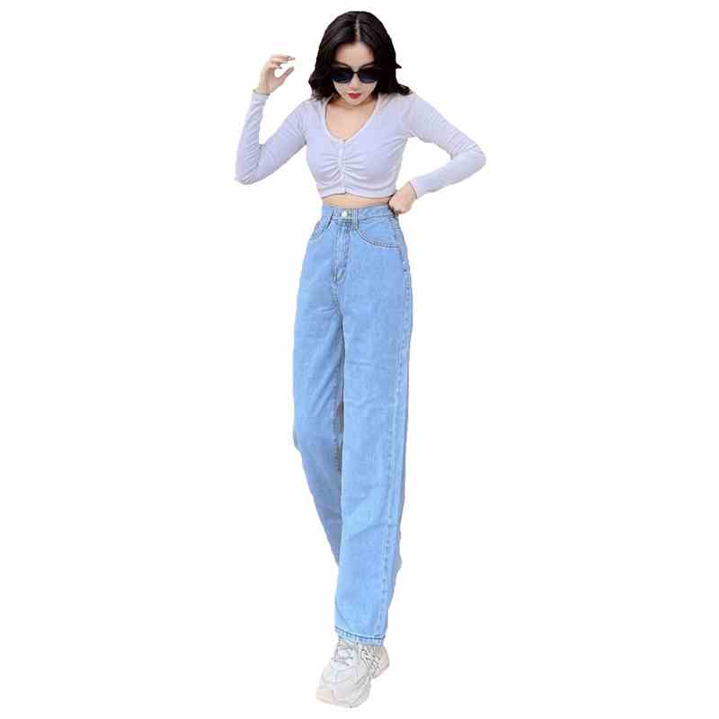 Quần baggy jean nữ lưng cao, xanh trơn phối túi trước, LB187JL JohnsonLi