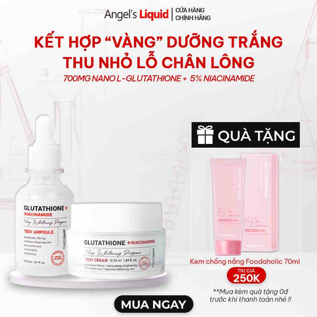 Bộ Sản Phẩm Serum, Kem Dưỡng Trắng Se Khít Lỗ Chân Lông Angels Liquid Glutathione Plus Niacinamide Serum & Cream