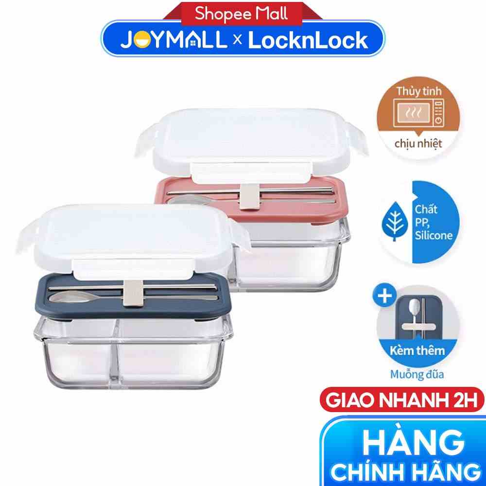 Hộp cơm thủy tinh LocknLock chia ngăn kèm muỗng đũa LLG991CL 930ml - Hàng chính hãng, dùng được lò vi sóng - JoyMall