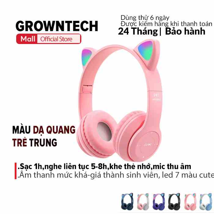 Tai nghe bluetooth giá rẻ 5.0 mini GrownTech P47M tai mèo loại mini, kèm micro có cỗng 3.5mm