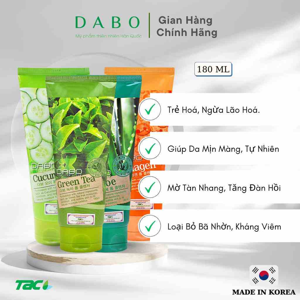 Sữa rửa mặt DABO tinh chất Dưa leo/ Trà xanh/ Lô hội/ Collagen 180ml THIÊN ANH BEAUTY