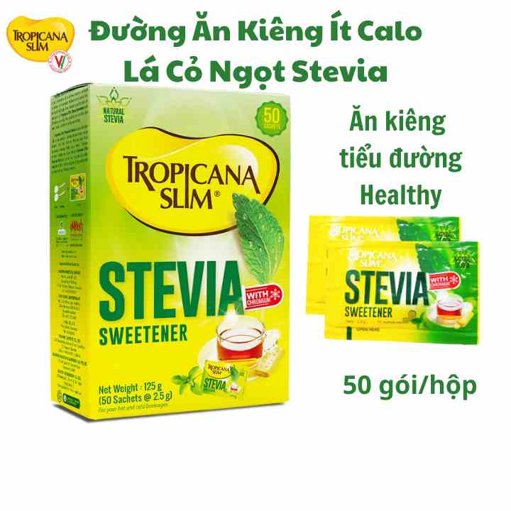 Hộp 50 Gói Đường Ăn Kiêng Lá Cỏ Ngọt STEVIA Tropicana Slim, Dành Cho Người Tiểu Đường Và Ăn Kiêng (Date Mới]