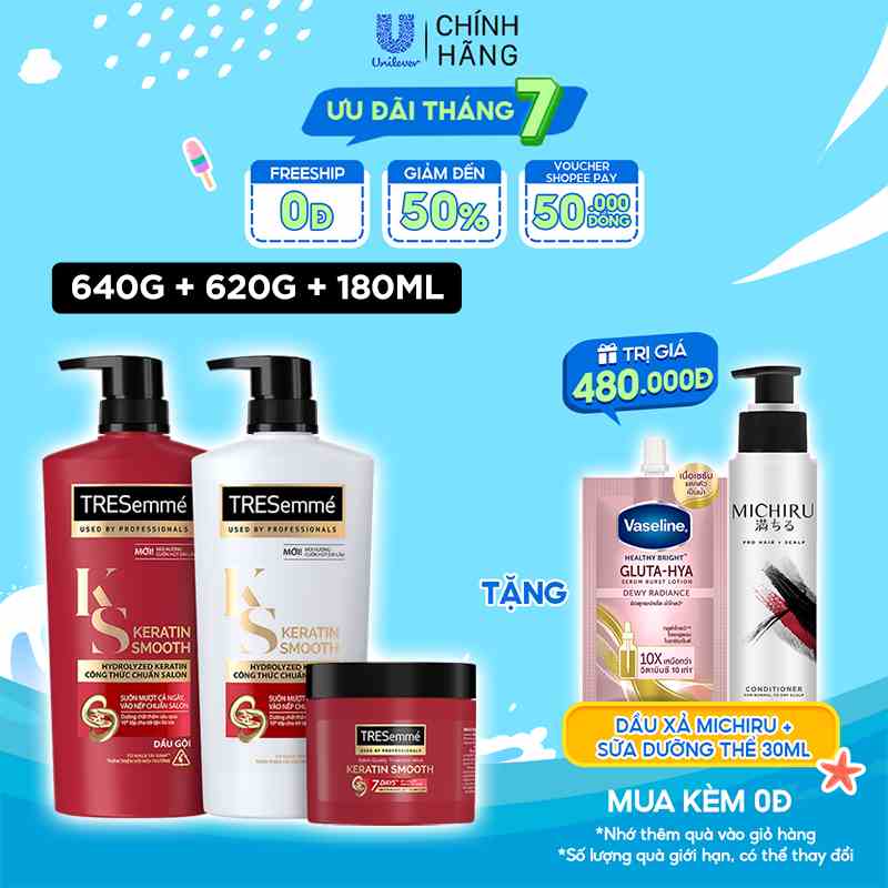 Combo Gội 640g, Xả 620g & Ủ 180ml Tresemme Keratin Smooth Với Dầu Dưỡng Tóc Argan & Keratin Vào Nếp Suôn Mượt