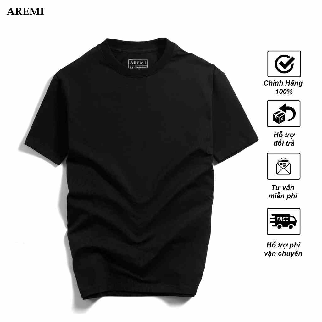 Áo thun nam cổ tròn, T-SHIRT trơn màu đen AREMI, vải Cotton co giãn 4 chiều ATS0003