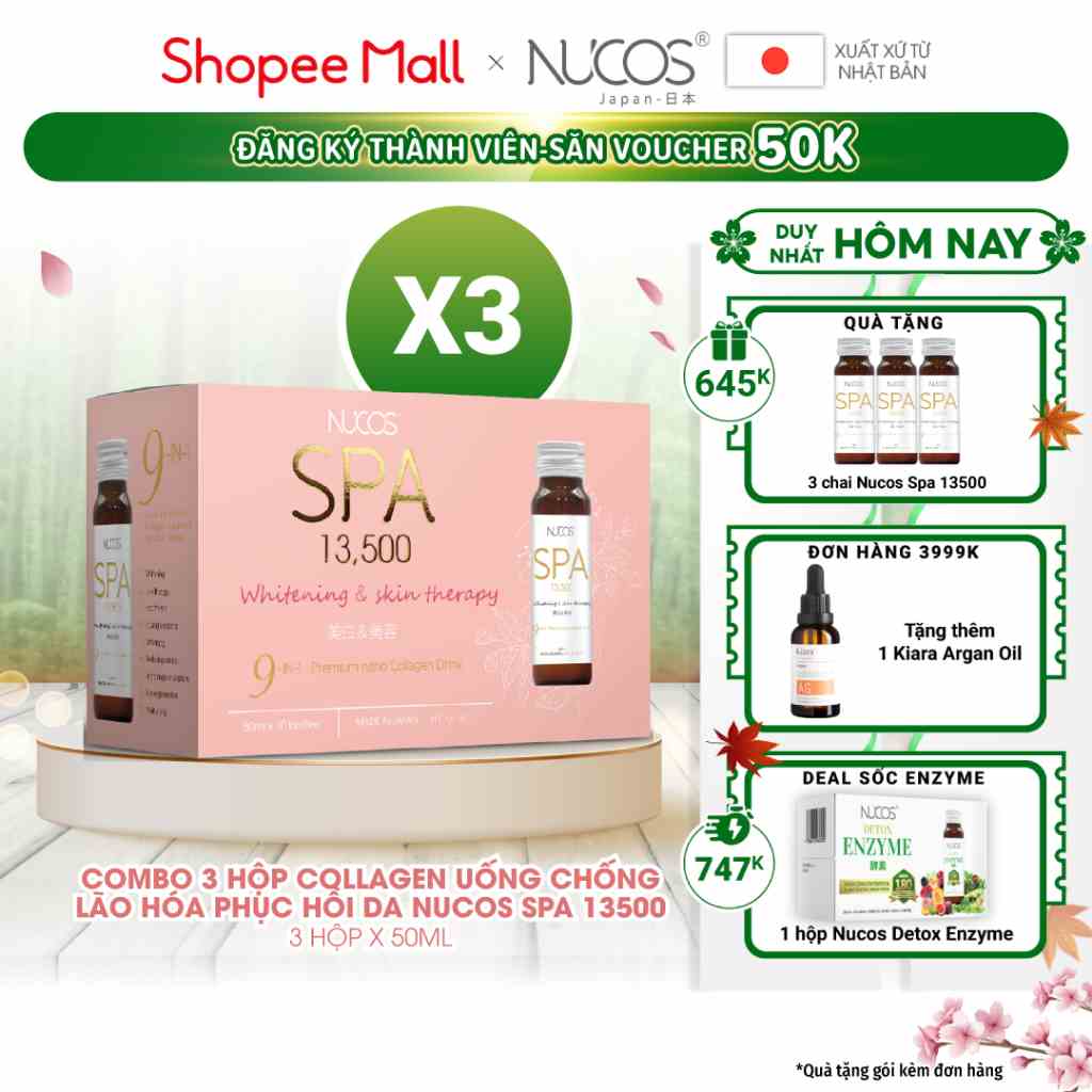 Combo 3 hộp nước uống collagen chống lão hóa phục hồi da Nucos Spa 13500 50ml x 3 x 10 chai