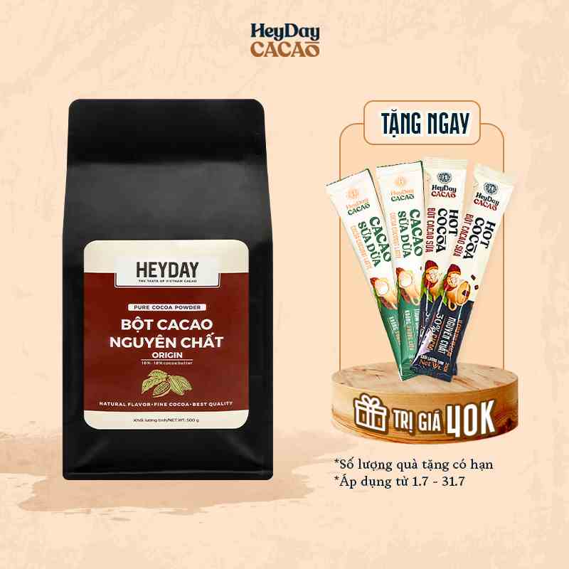 Túi zip 500g Bột cacao nguyên chất 100% không đường Heyday - Dòng Origin thượng hạng - Chuẩn UTZ Quốc Tế