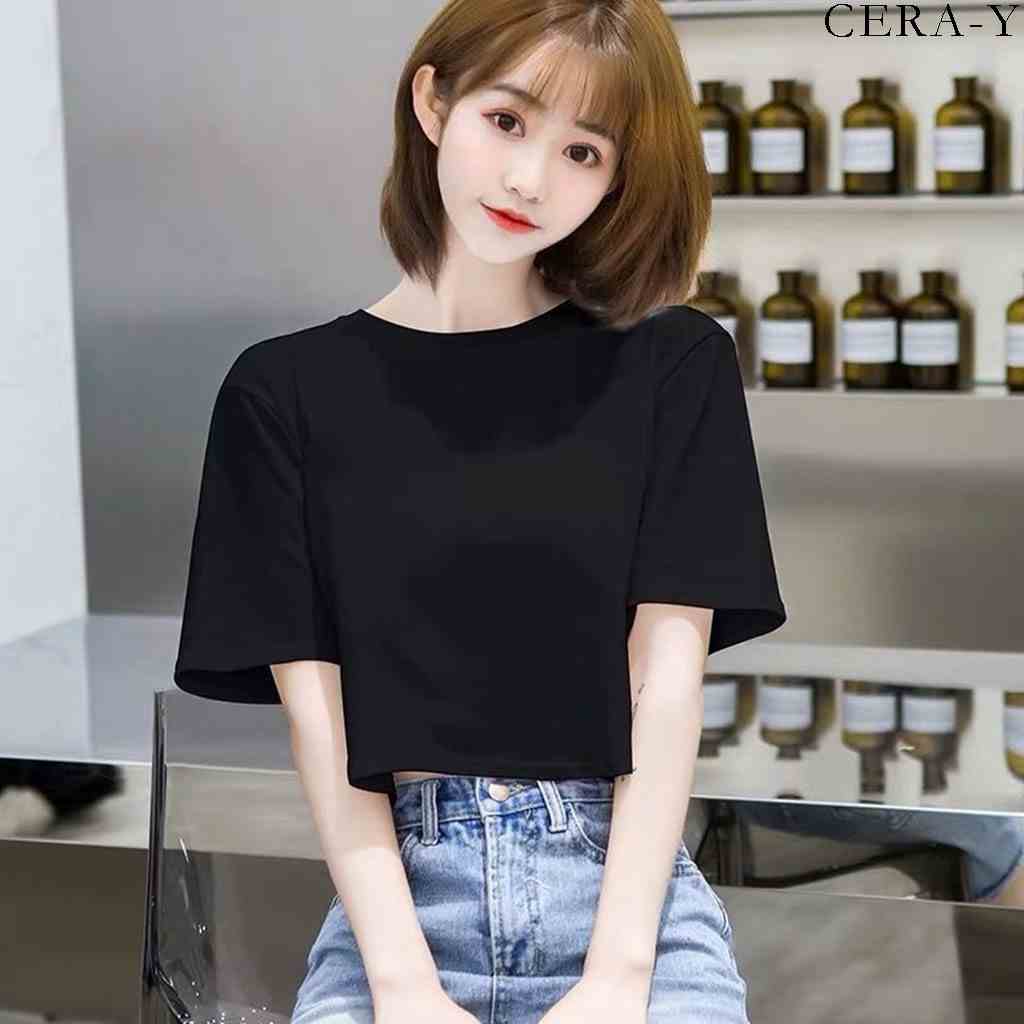 Áo thun form rộng croptop CERA-Y màu đen CRA001