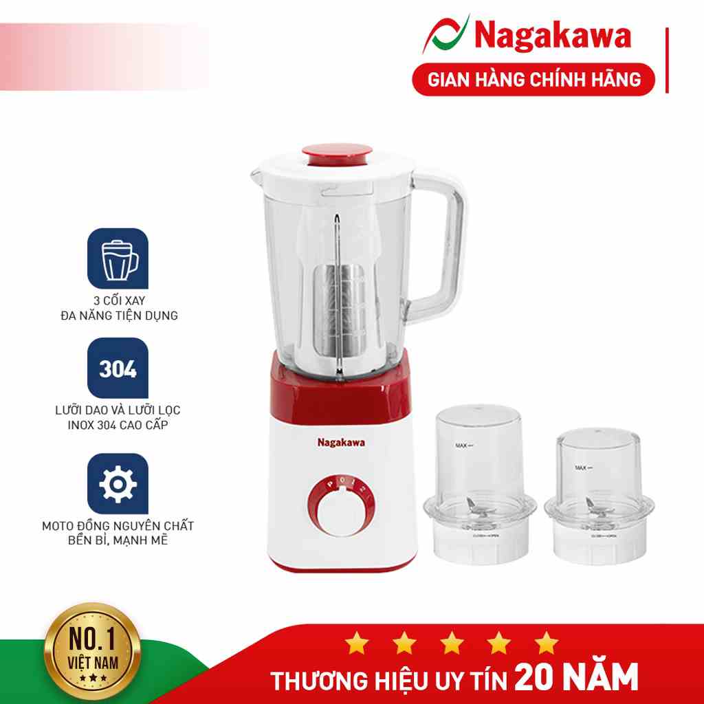 [Mã ELHA22 giảm 6% đơn 300K] Máy Xay Sinh Tố 3 cối Nagakawa NAG0816 - Dung tích 1.5L - Hàng chính hãng