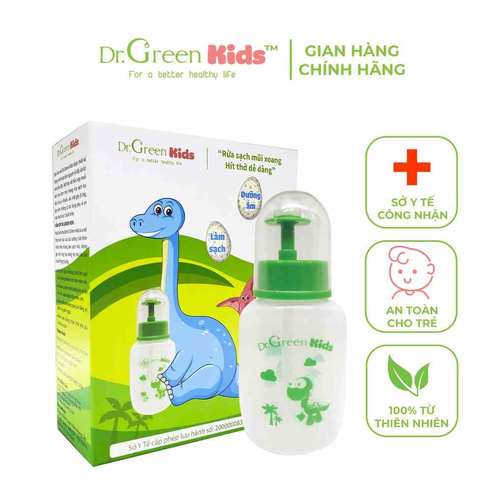 Bình rửa mũi cho trẻ Dr.Green Kids, kèm 30 gói muối biển, thiết kế nhỏ gọn, đầu rửa silicon mềm mại, điều trị viêm mũi