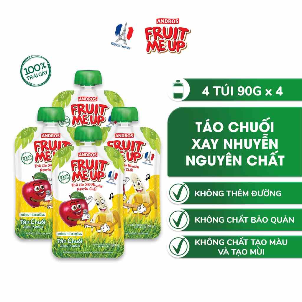 Combo 4 túi Trái Cây Xay Nhuyễn Vị Táo chuối - 100% trái cây thật - ANDROS FRUIT ME UP - 90gx4