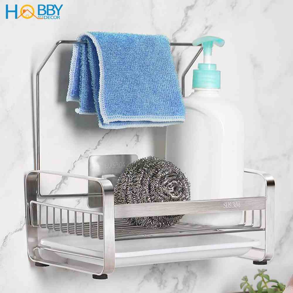 Kệ rổ đựng đồ rửa chén treo khăn bếp Hobby Home Decor KRC4 dán tường gạch men Inox 304- mẫu lớn có keo dán và miếng dán