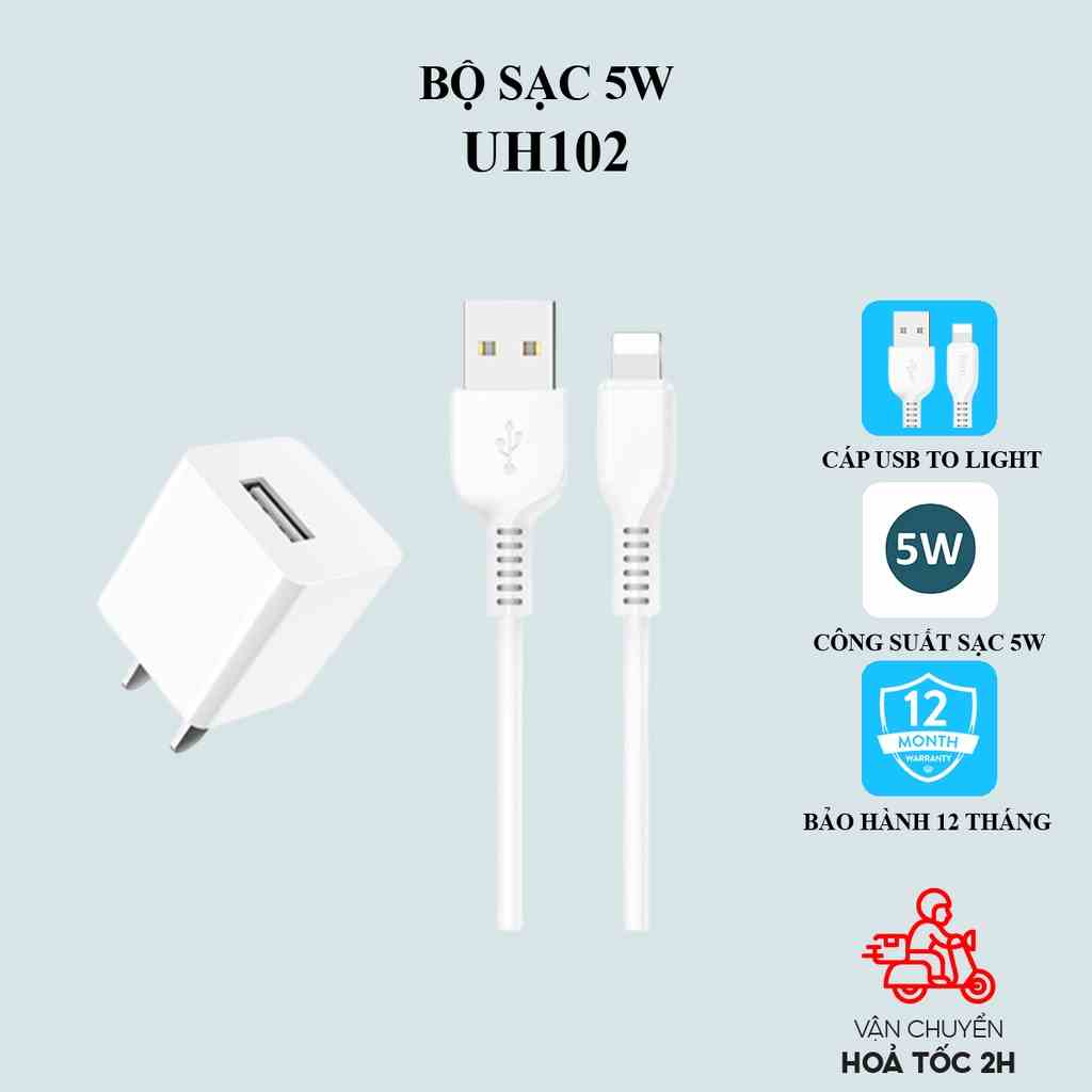 Bộ sạc IP 5W Hoco UH102 cho 5 6 7 8 X 11 12 gồm củ và cáp dài 1 mét