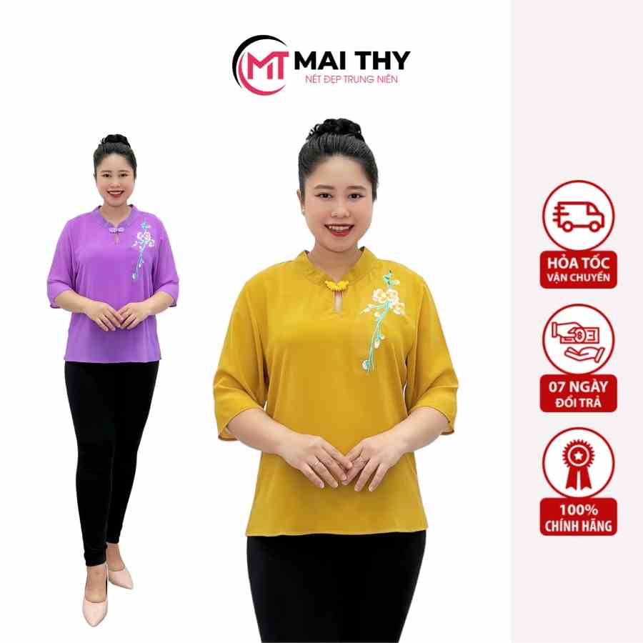 Áo Thêu Trung Niên MAI THY 771, Mẫu Sơ Mi Nữ Form Rộng Cổ Tàu Thêu Hoa Mai Chất Voan Hàn | Thời Trang Trung Niên U50