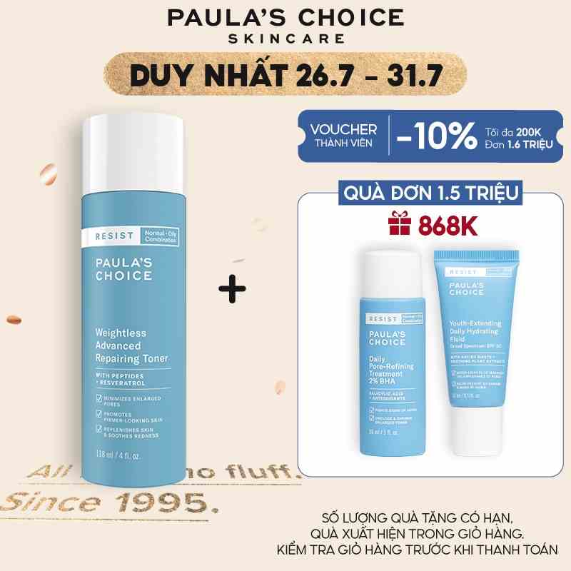 Nước hoa hồng siêu nhẹ sửa chữa hư tổn da lão hóa Paulas Choice Resist Weightless Advanced Repairing Toner 118ml 7780