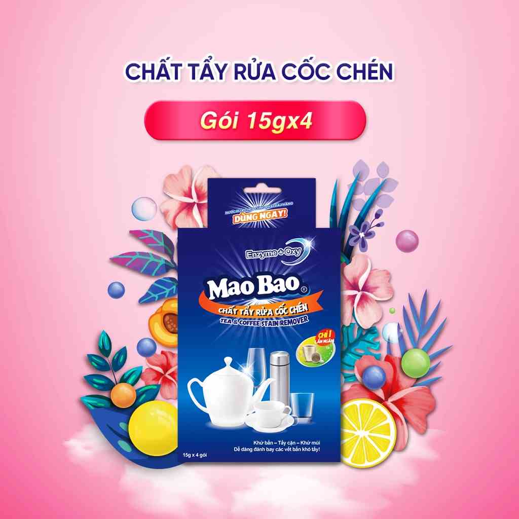 Chất Tẩy Rửa Cốc Chén Mao Bao 15g x4 gói tẩy sạch bóng ố vàng, cặn bẩn, xỉn màu trên ly cốc, an toàn sức khỏe