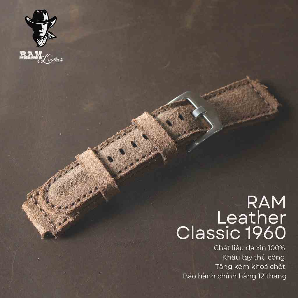 [Mã BMLTA35 giảm đến 35K đơn 99K] Dây Đồng Hồ Da Thật RAM Leather 1960 Da Bò Lộn Nâu Đậm RAM Leather Bền Đẹp