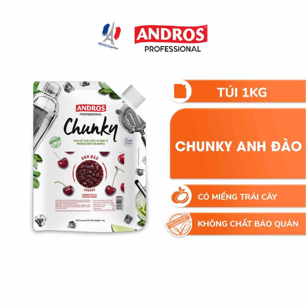 Mứt Trái Cây Pha Chế Anh Đào - Có miếng trái cây thật - ANDROS CHUNKY - 1kg