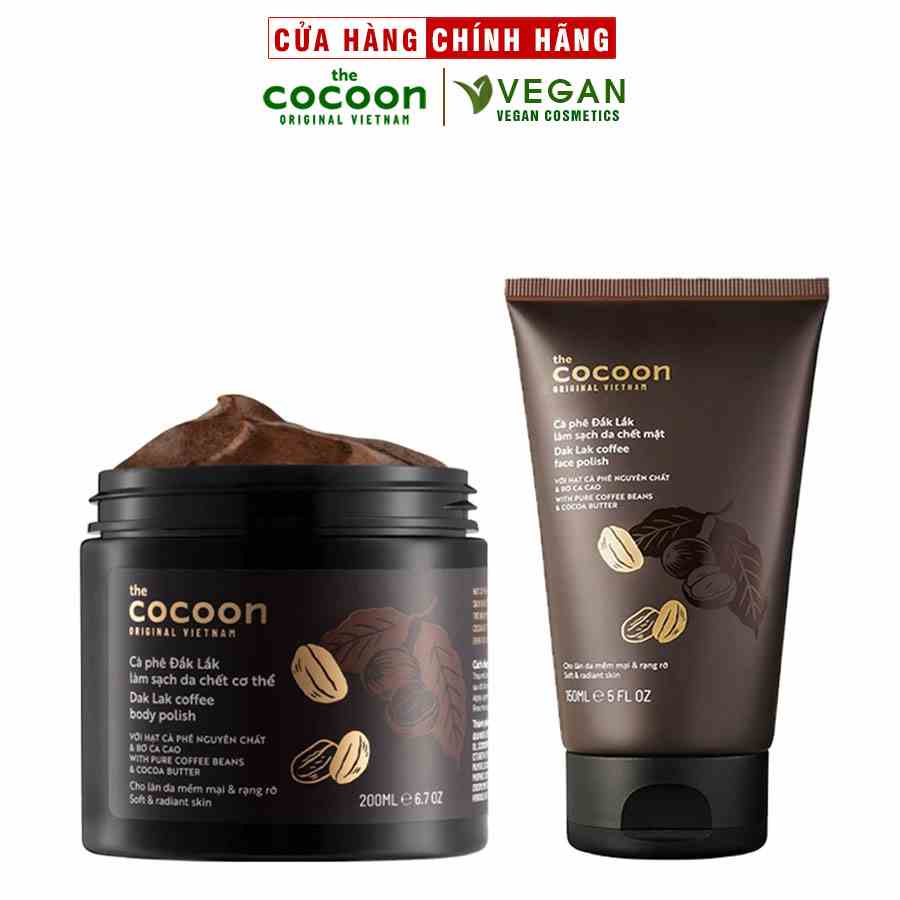 Bộ cà phê Đắk Lắk làm sạch da chết cocoon: da mặt 150ml + cơ thể 200ml