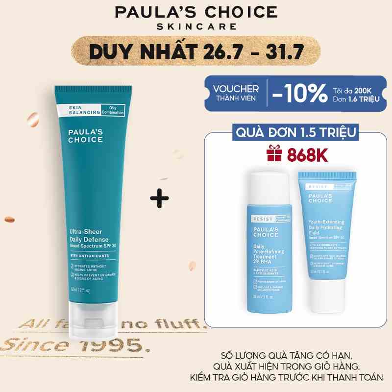 Kem chống nắng Cân Bằng tiết dầu thừa Paula’s Choice Skin Balancing Ultra - Sheer Daily Defence SPF 30 - 60ml 1560