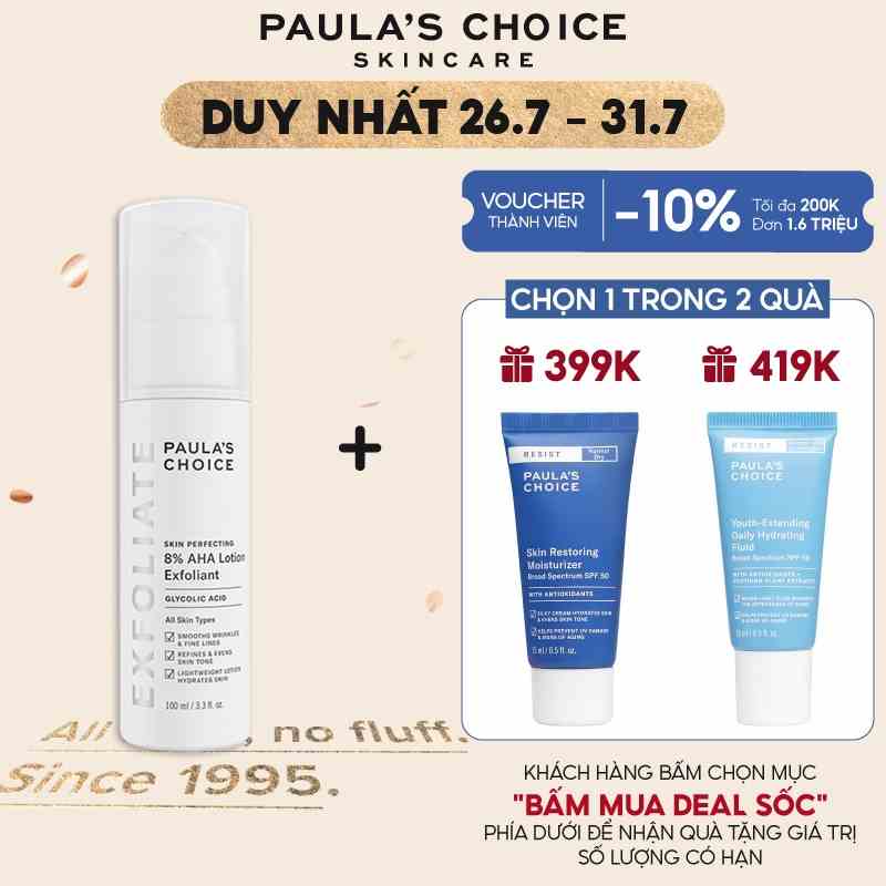 Kem loại bỏ tế bào chết mềm mịn da Paulas Choice Skin Perfecting 8% AHA Lotion 100ml 2060