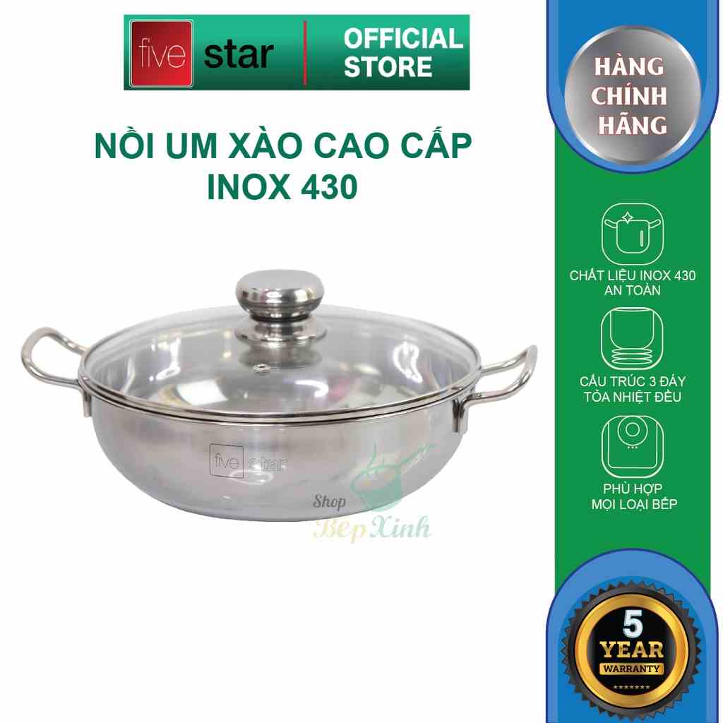 [Mã BMLTA35 giảm đến 35K đơn 99K] Nồi lẩu um xào inox 430 bếp từ 3 đáy Fivestar nắp kính ( 24cm / 26cm / 28cm )