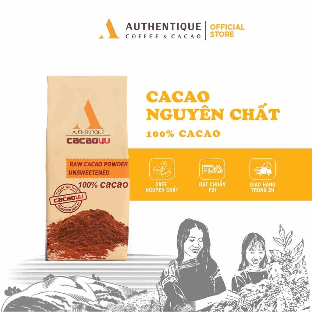 Bột Cacao 100% Nguyên chất Không Đường Túi Kraft 220gr - Hỗ trợ giảm cân |Authentique Cacao