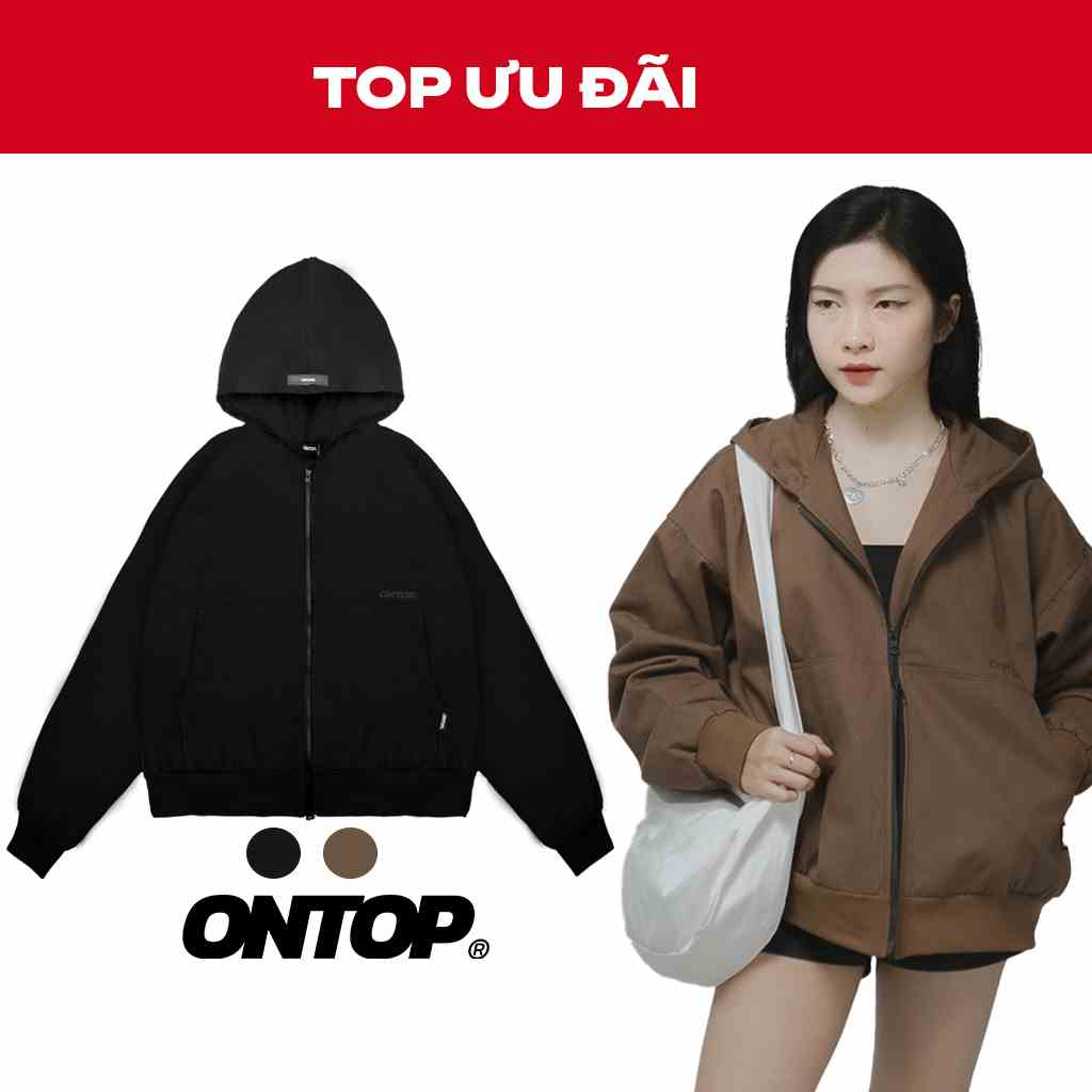 Áo hoodiezip dáng Boxy Form ngắn Kaki Hooded local brand ONTOP | O21-AK14