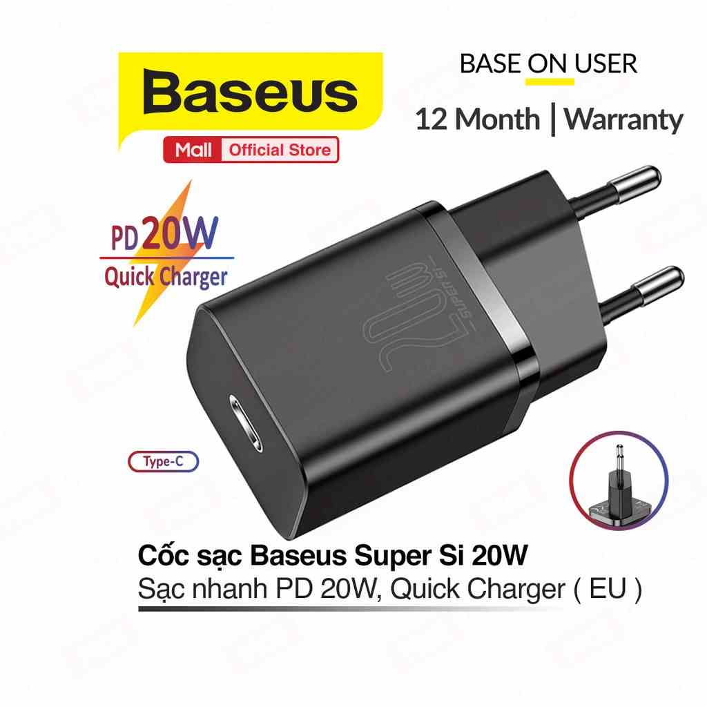 Củ sạc nhanh PD 20W BASEUS Super Si 1 cổng Type-C, Quick Charger, chân cắm tiêu chuẩn ( EU/CN )