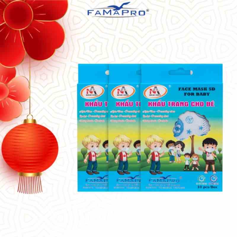 [COMBO 3 HỘP ] Khẩu trang y tế trẻ em 3 lớp kháng khuẩn Famapro 5D BABY QUAI THUN HỘP10 CÁI