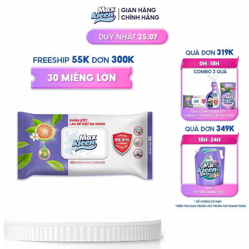 Khăn Ướt Lau Bề Mặt Đa Năng MaxKleen (30 miếng khăn lớn )