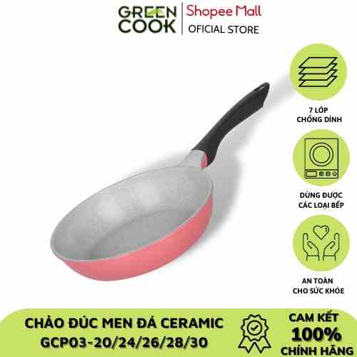 Chảo đúc chống dính men đá ceramic đáy từ 28 cm Green Cook GCP03-28IHP màu hồng công nghệ 7 lớp chống dính Hàn Quốc