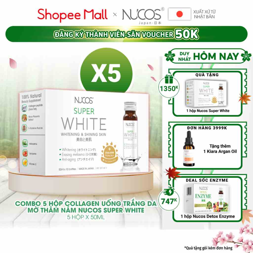 Combo 5 hộp nước uống collagen trắng da mờ thâm nám Nucos Super White 50ml x 5 x 10 chai