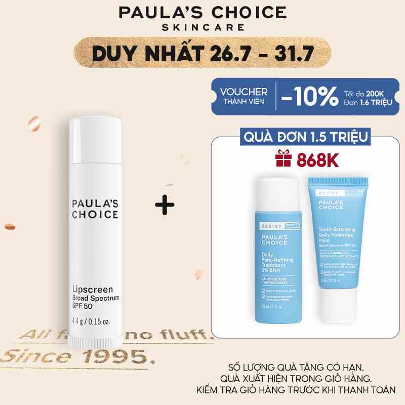 [Mã COSPAU1A giảm 8% đơn 400K] Dưỡng môi mềm mịn chống nắng Paulas Choice LipScreen Broad Spectrum SPF 50 4.4g 2560