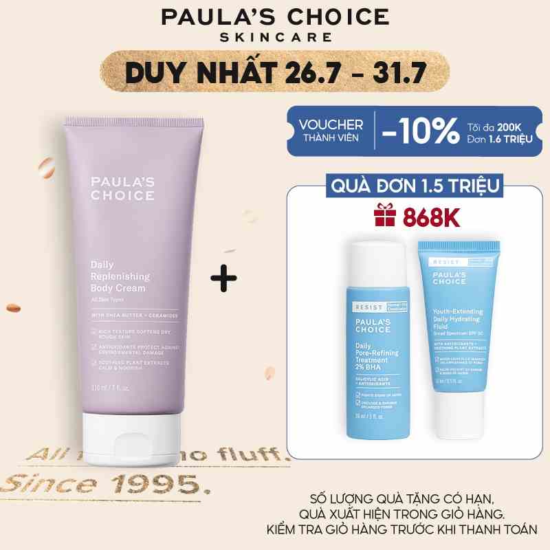 [Mã COSPAU1A giảm 8% đơn 400K] Kem dưỡng thể siêu mềm mịn Paulas Choice Daily Replenishing Body Cream 210ml 3450