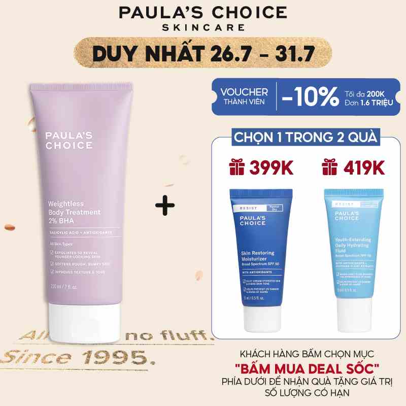 Kem dưỡng thể ngừa viêm lỗ chân lông chứa 2% BHA Paulas Choice Weightless Body Treatment 2% BHA  210ml mã 5700